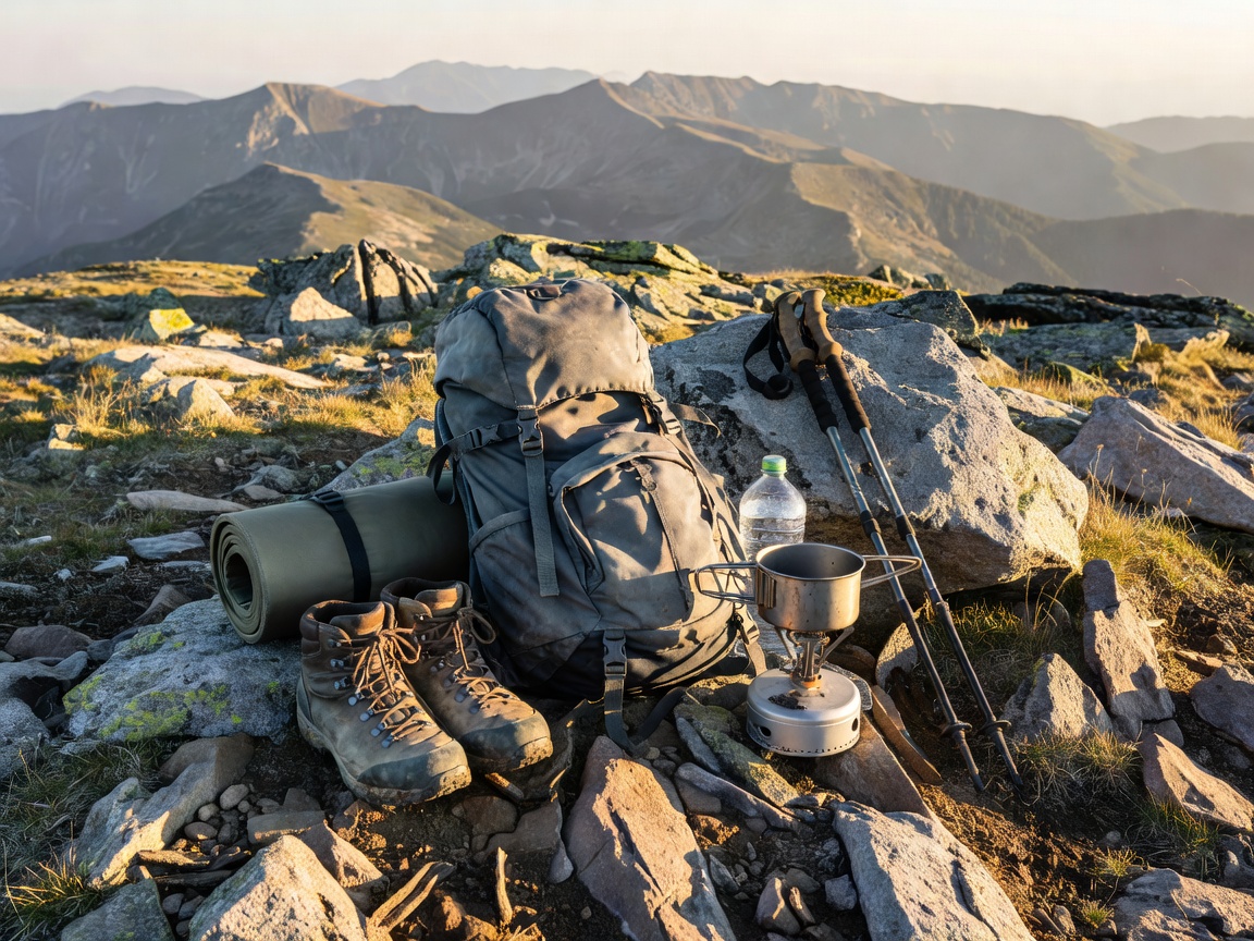 Backpack and hiking equipment laid out on mountain summit