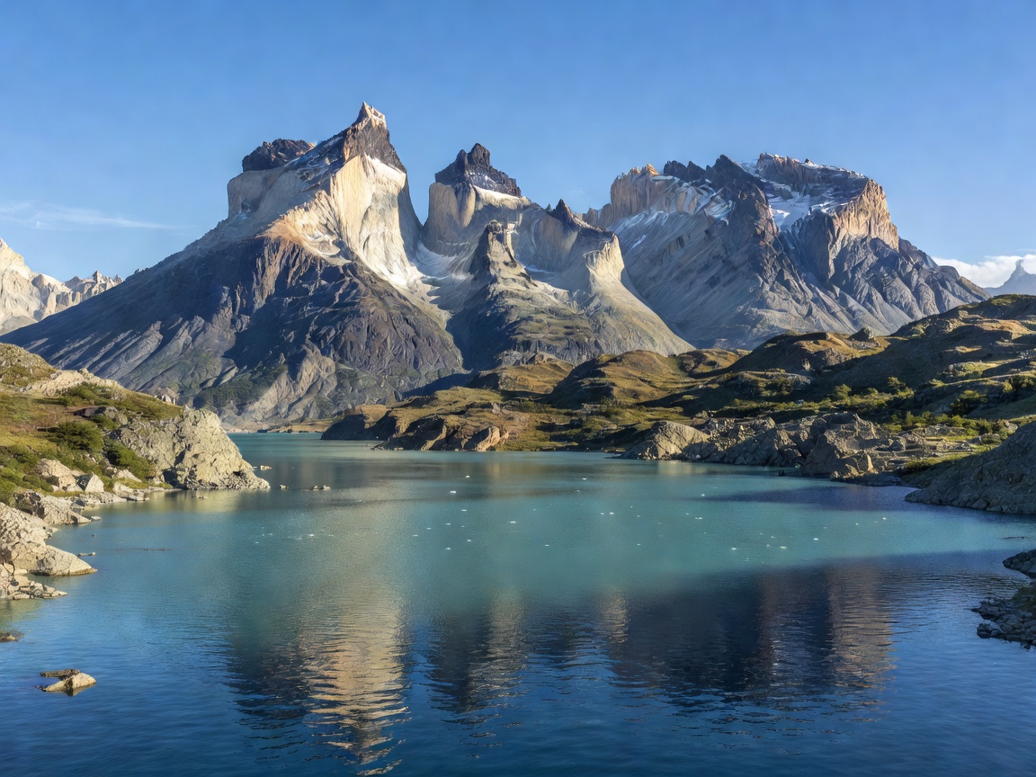 Detailed landscape view of Torres del Paine peaks and lake