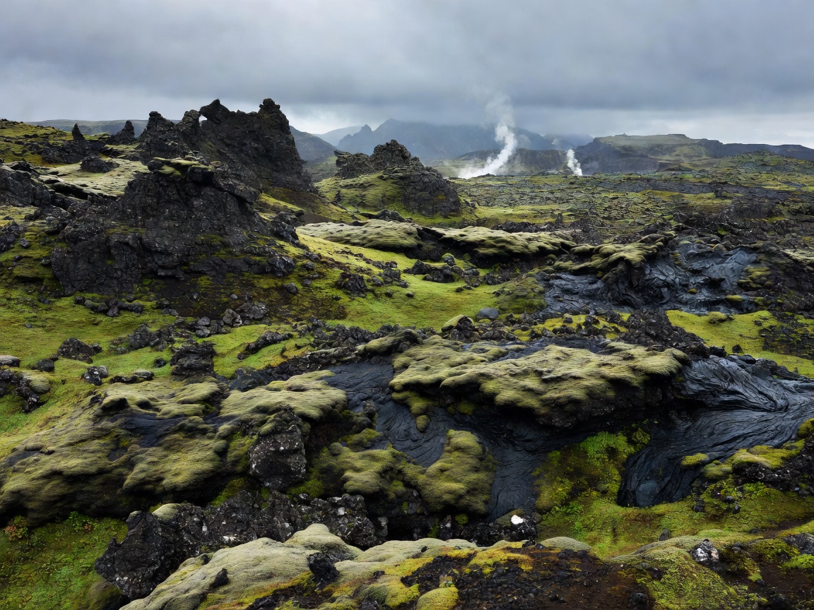 Icelandic Highlands volcanic landscape with green moss