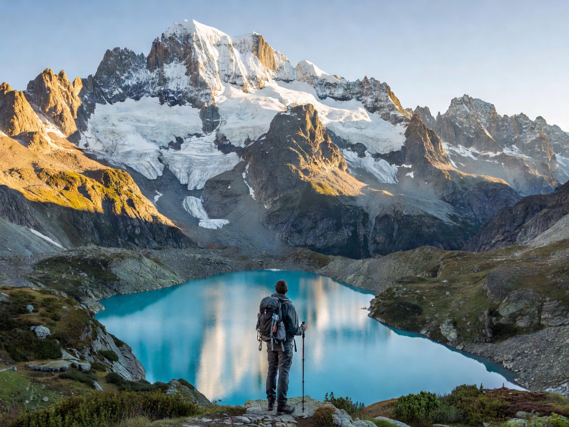Majestic Alpine Mountain Range with Hiker overlooking glacier lake
