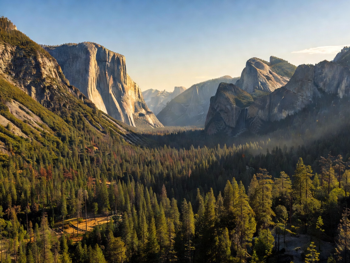 Yosemite Valley granite cliffs, waterfalls, and pine forest
